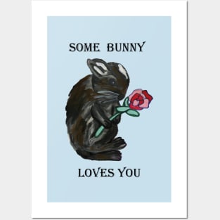 Black rabbit with rose: Some bunny loves you Posters and Art